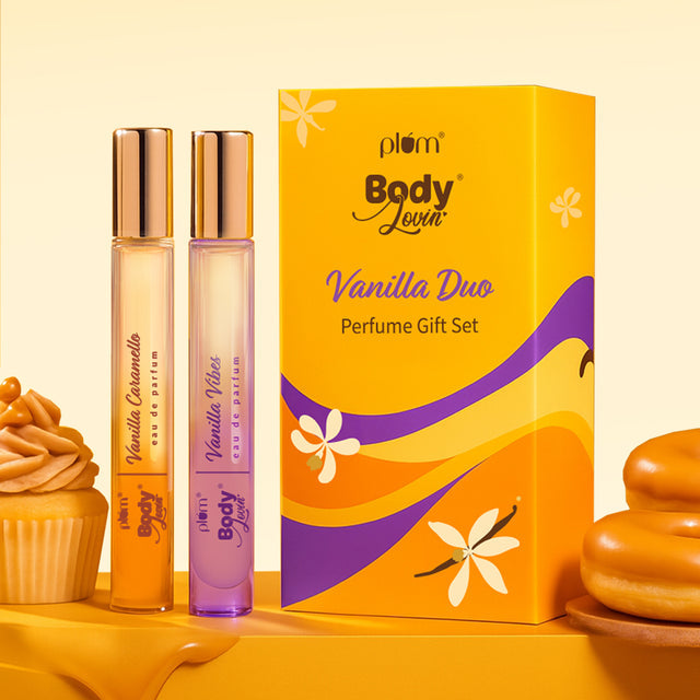 Set of 2 Vanilla Duo Perfume Gift Set with Vanilla Caramello and Vanilla Vibes body mists in 15ml bottles, ideal for gifting and personal use.