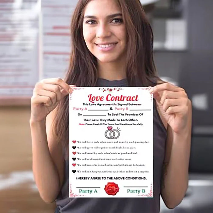 Love Agreement Valentine Gift held by a smiling woman, featuring a romantic love contract printed on paper, ideal for Valentine's Day gifting.