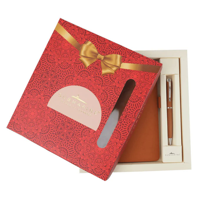 Gift set with red box, brown leather item, and pen on a white background