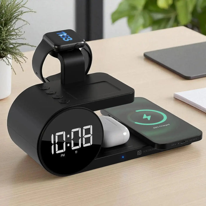 Modern digital clock with wireless charging station and smartwatch holder