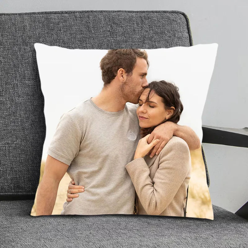 Personalized couple picture cushion in 12x12 inch square design, perfect for Valentine's Day or Hug Day gifting.