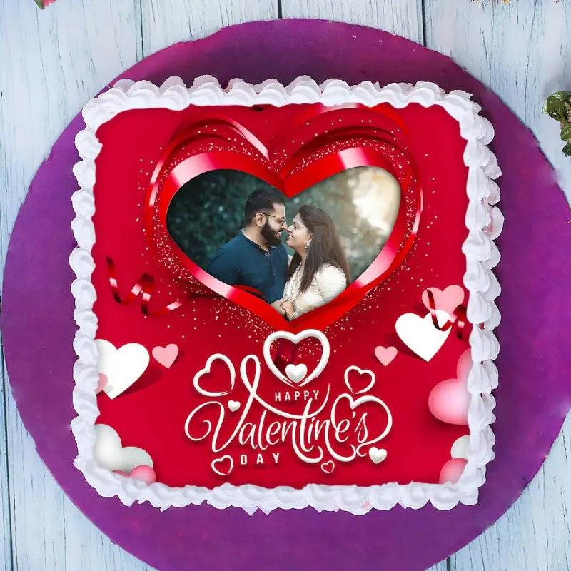 Valentine Love Photo Cake - Valentine photo cake in vanilla flavor, square shape with heart photo print and 'Happy Valentine's Day' text.