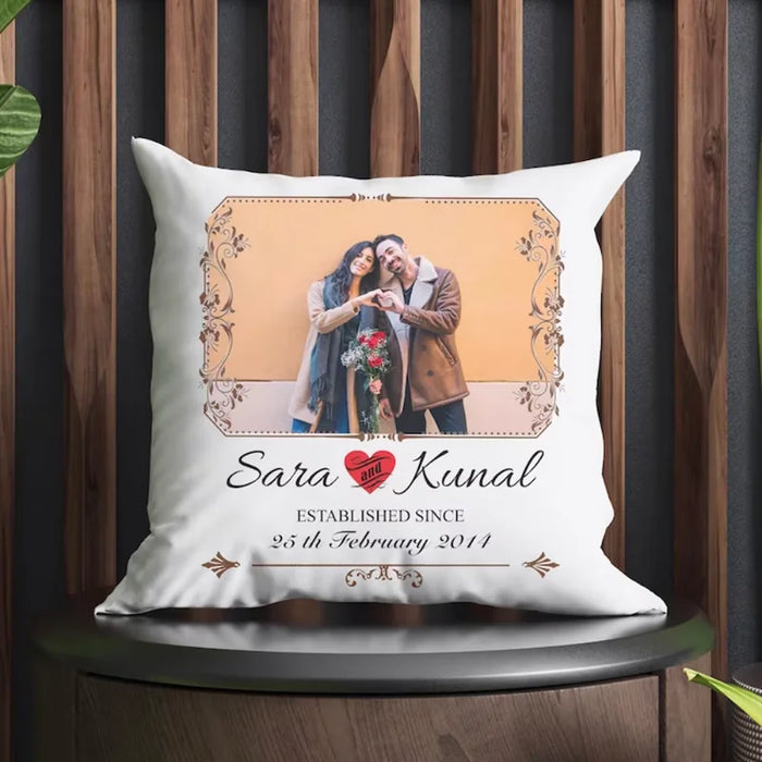 Forever Together personalized cushion gift 16x16 inches with custom photo, names Sara and Kunal, and date, perfect for Valentine's Day or anniversaries.