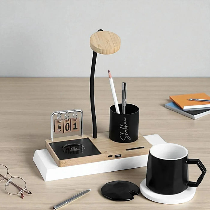 Desk organizer with LED lamp, USB hub, and pen holder