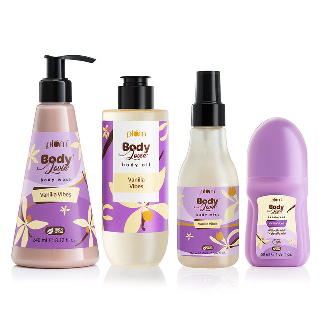 Best of Vanilla Vibes Bath & Body Bundle featuring body wash, oil, mist, and deodorant in a vanilla perfume gift set for women. Ideal for gifting.