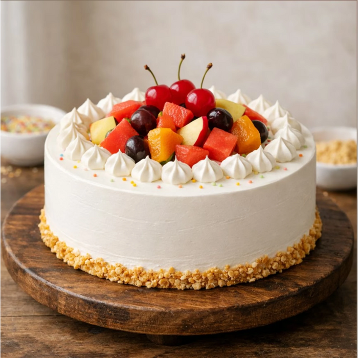 Fresh fruit topping on white cake with whipped cream border