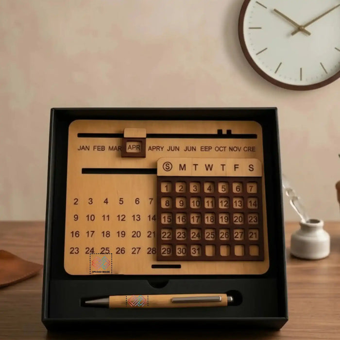 Customizable Wooden Perpetual Calendar & Pen Set