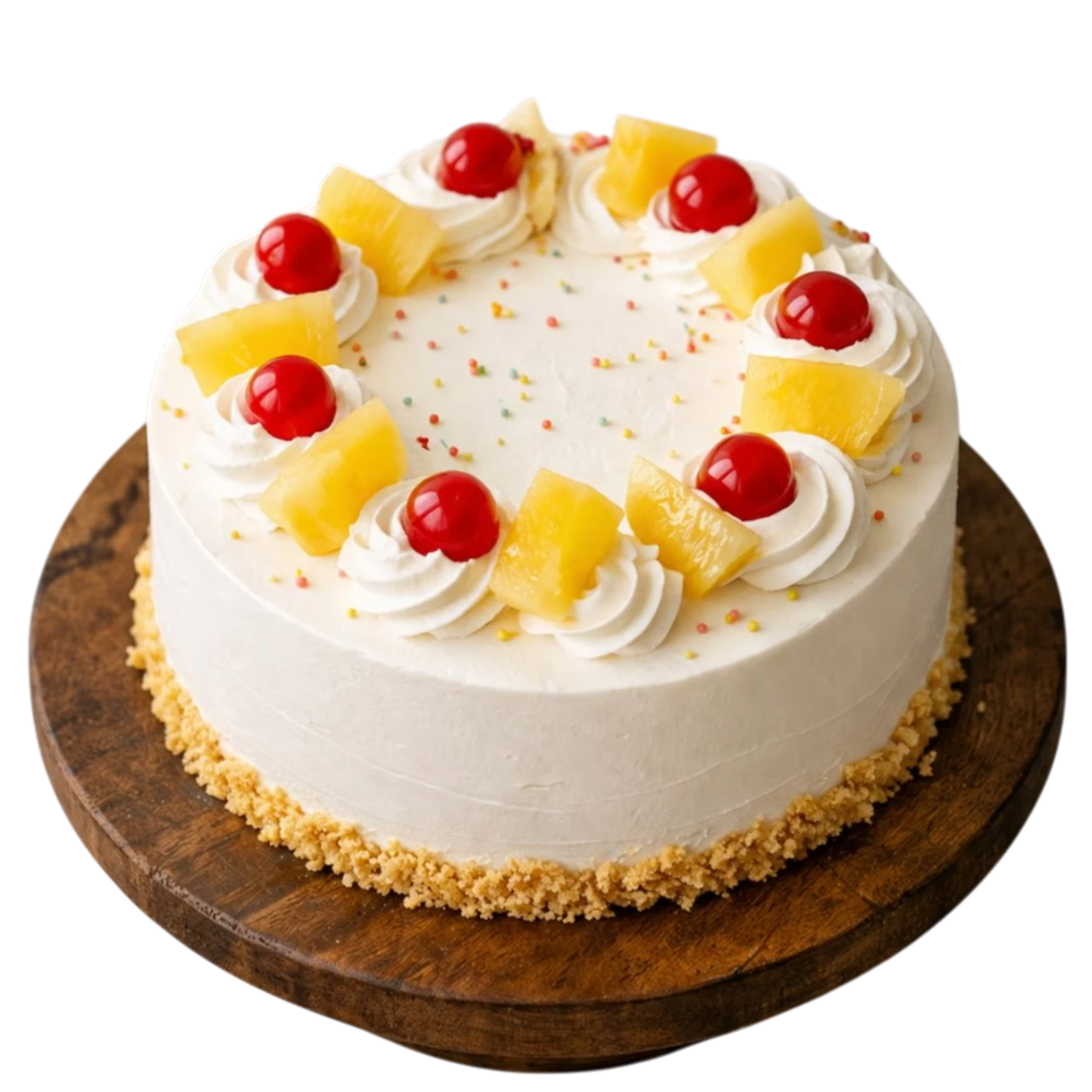 Decorated pineapple cherry cake with whipped cream and colorful sprinkles