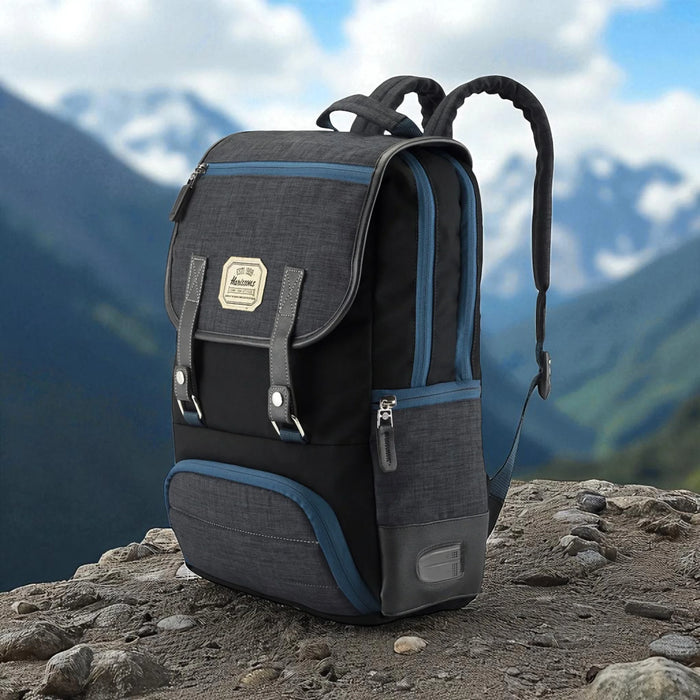 Dexter Backpack durable bag from the Vintage Series with 25L capacity and 2 compartments, shown on a mountain trail, ideal for travel or work.
