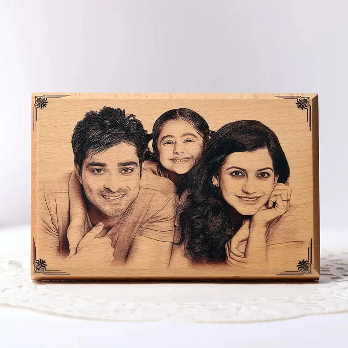 Etched engraved photo plaque featuring a smiling family portrait on MDF wood, ideal for personalized home décor or gifting.