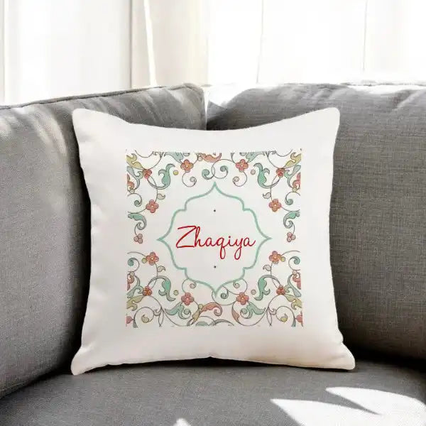 kept on sofa with engraved name Floral Personalized Cushion beautiful custom keepsake and personalized floral cushion