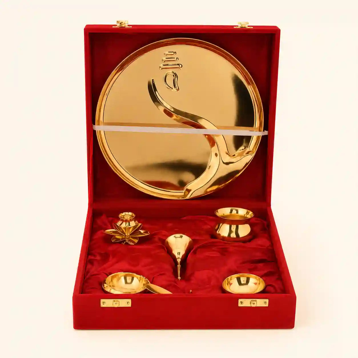Gold Plated Stainless Steel Pooja Thali with Brass Accessories