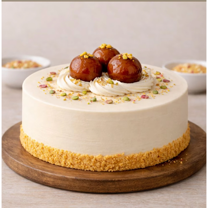 Gulab Jamun vanilla cake with pistachios and cream decoration