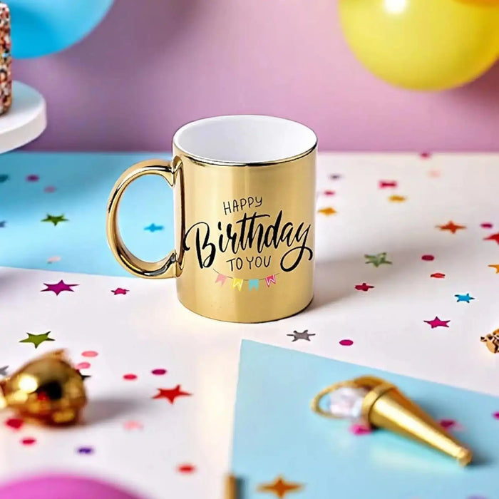 happy bithday written on golden mug Personalized Golden Birthday Mug brilliant custom keepsake and personalized mug gifts