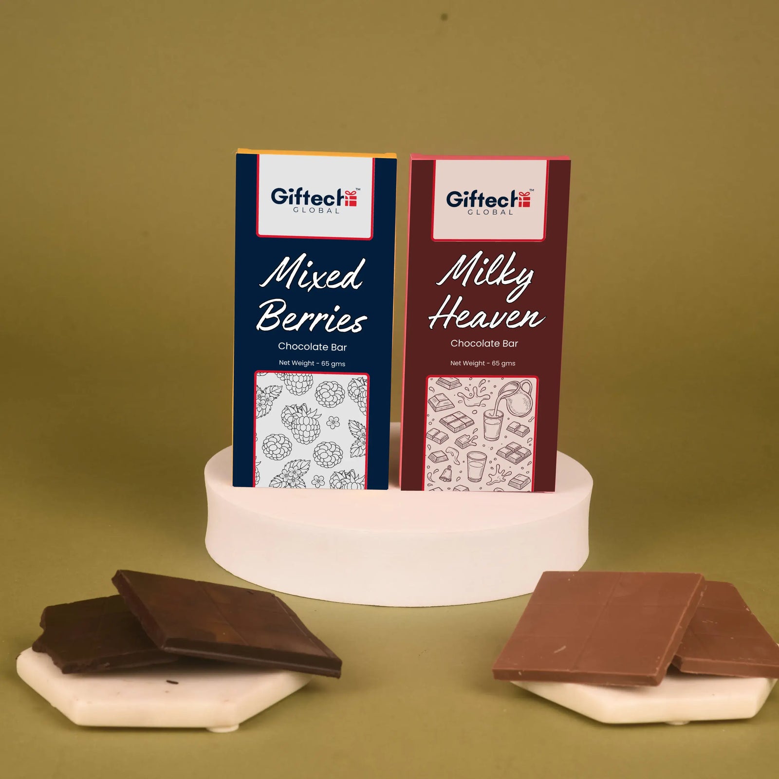 Mixed Berries Milky Chocolate Duo 65g featuring two chocolate bars—Mixed Berries and Milky Heaven—on a display with chocolate pieces. Ideal for gifting.