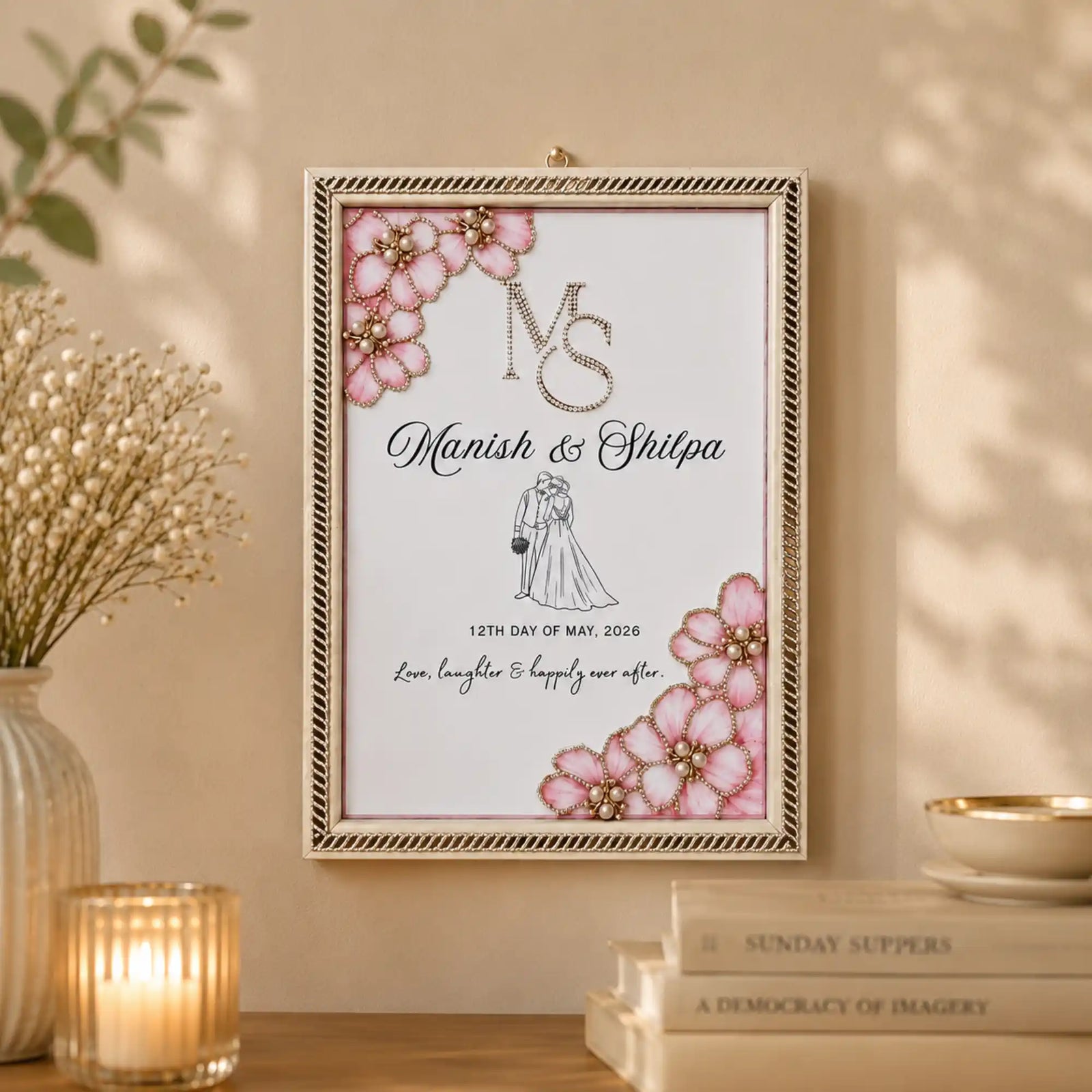 Champagne gold floral couple photo frame with pink flowers and decorative pearls