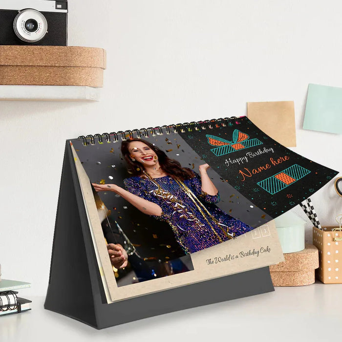 Personalized Table Top Photo Calendar - Birthday Gift with custom name and photo, spiral-bound, ideal for office desks or home decor.