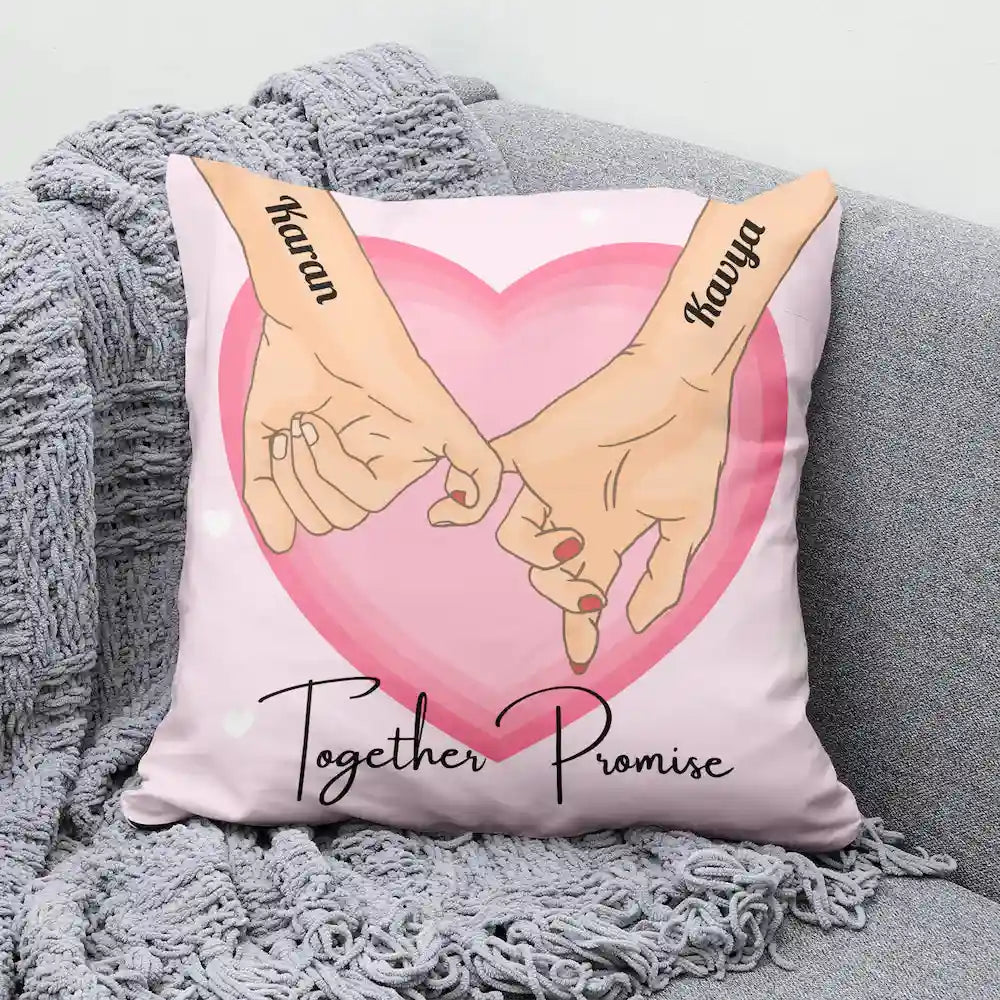 Personalized Promise Cushion - Custom Pinky Promise Gift featuring two hands with names Karan and Kavya, set against a pink heart background.
