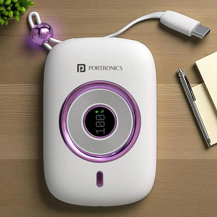 White portable power bank with purple accents and digital display