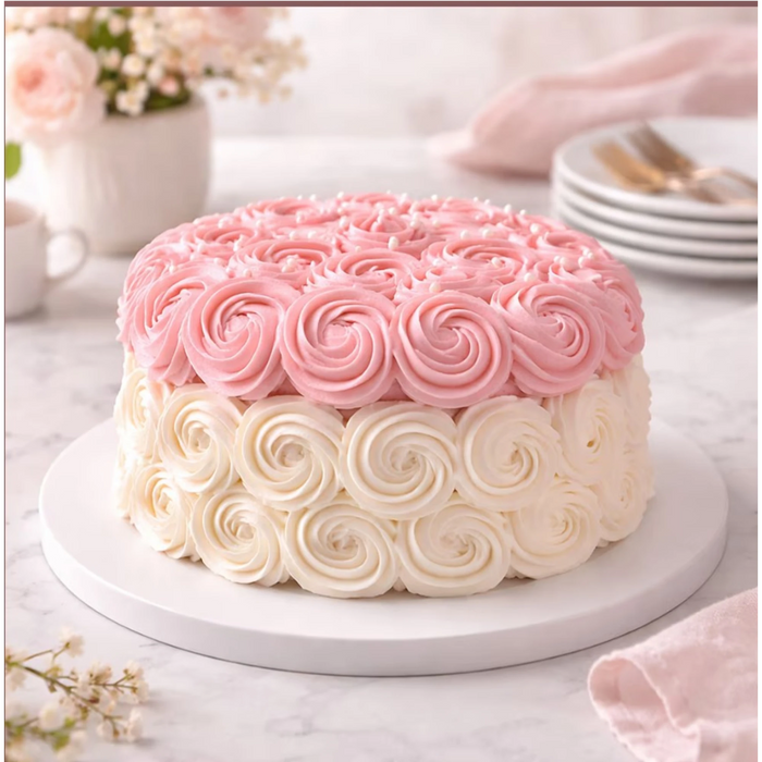 Pink floral cake with rosette frosting for celebration
