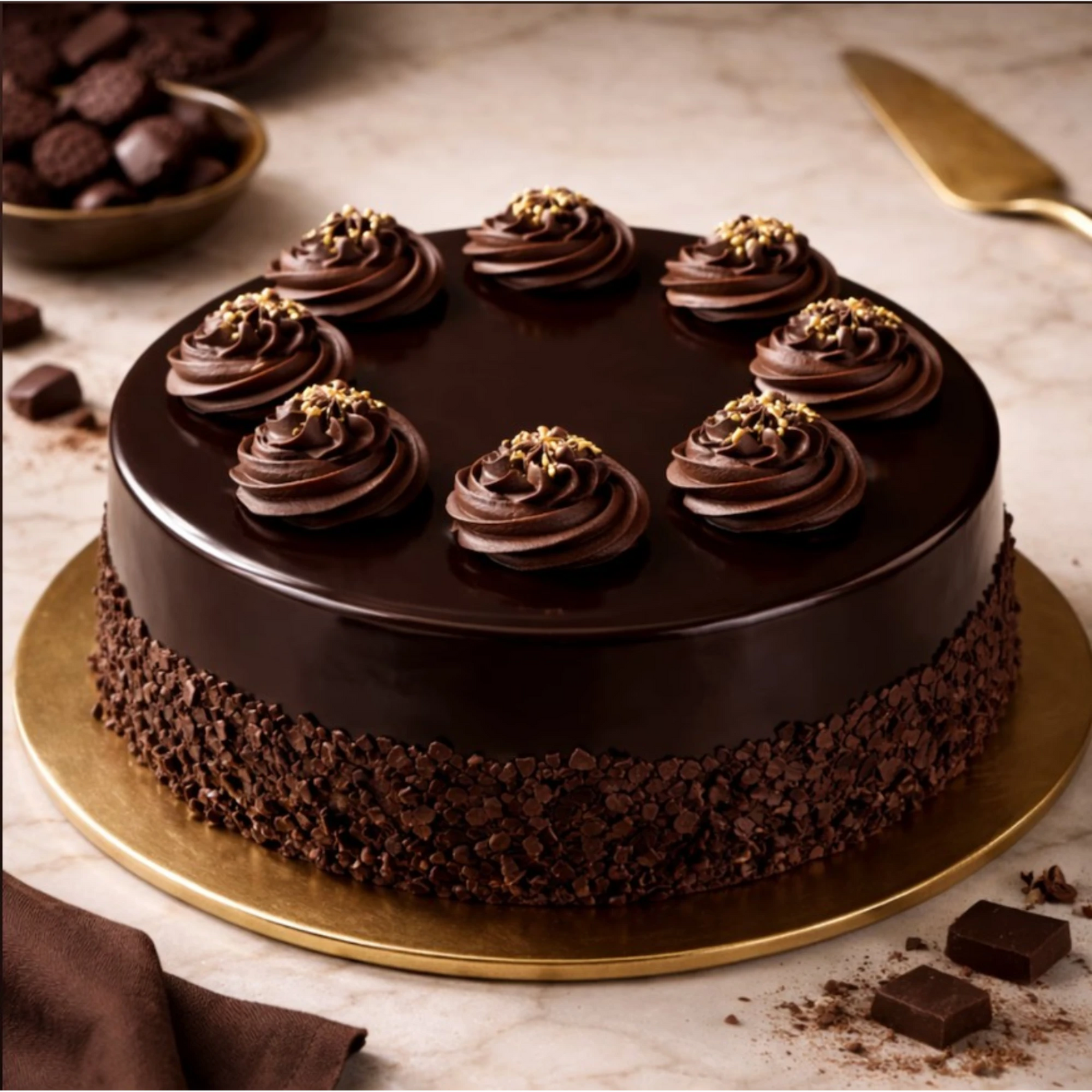 Close-up of decorated chocolate truffle cake with chocolate swirls