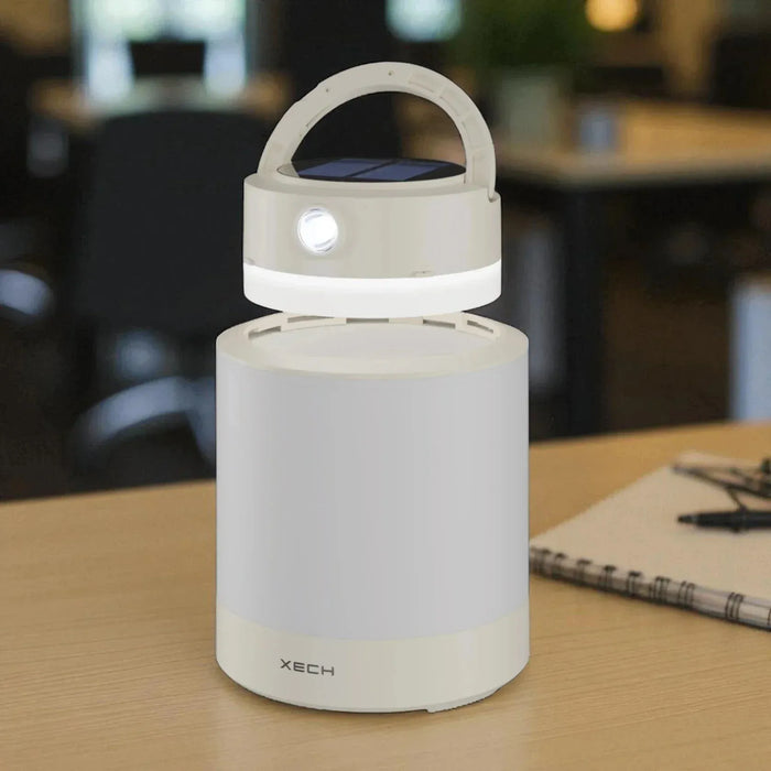 Solar-powered lantern on a table with a blurred background