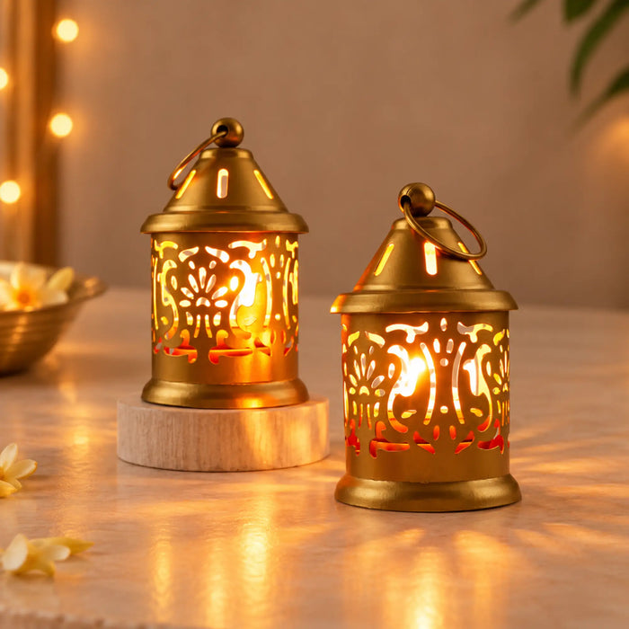 Temple Shaped Tea Light Holder With Candle - Set Of 2