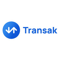 Transak logo with blue circle and white arrow on a white background