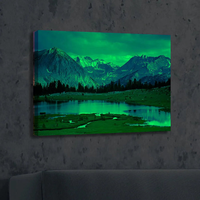 Twilight Radiance Frame - Durable Night Glow Photo Frame featuring a glowing mountain landscape with lake, ideal for ambient home décor.
