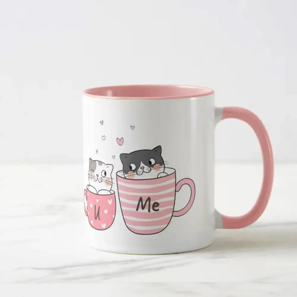 U & Me Mug - Togetherness Gift | Ceramic, White, 325ml featuring two cute cats in pink-striped mugs with 'U' and 'Me' text, ideal for gifting.