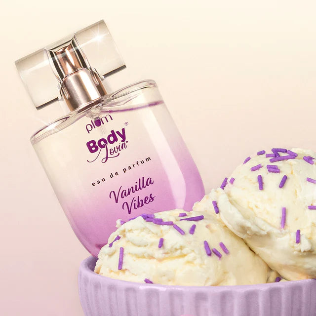 Vanilla Vibes Eau De Parfum perfume bottle beside vanilla ice cream, highlighting its sweet and long-lasting scent for daily wear.