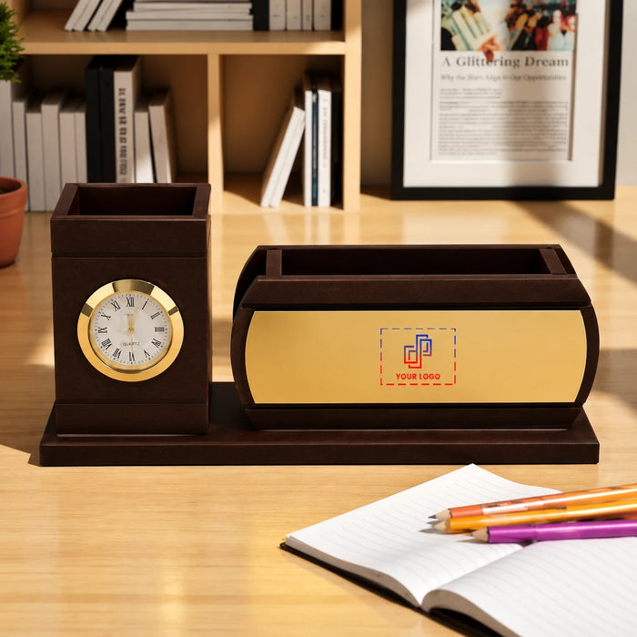 Brown Pen Stand with Clock for Workspace