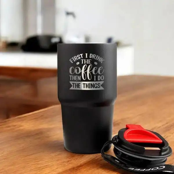 open cap kept onside First I Drink The Coffee Personalized Black Sipper stylish custom drinkware piece and personalized black coffee sipper
