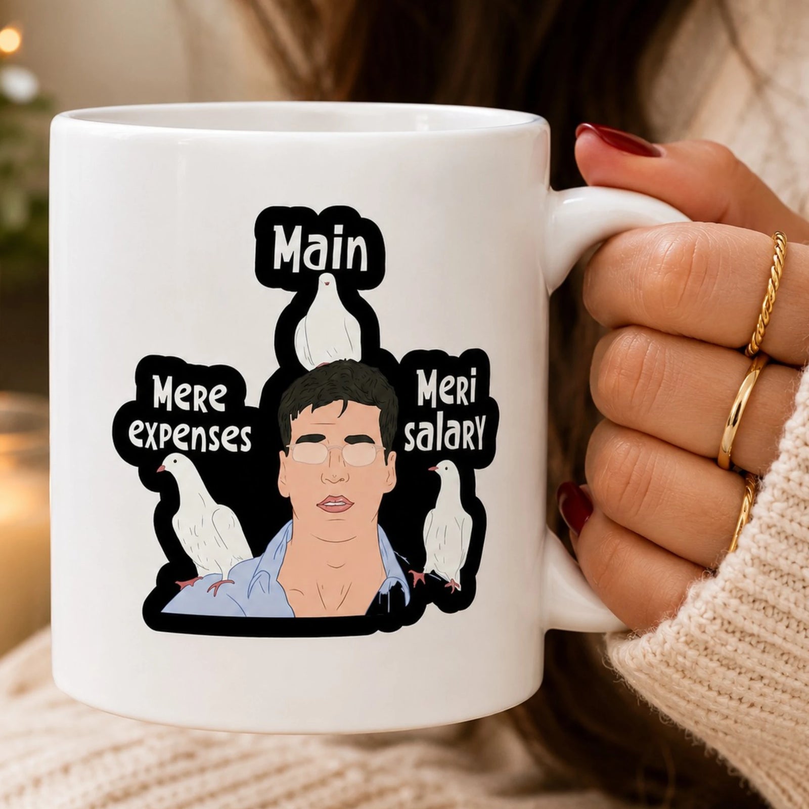 holding mug main-meri-salary-mere-expenses-funny-work-quotes-mug